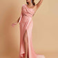 Sexy Soft Satin Mermaid One Shoulder Asymmetrical Side Slit Floor-Length Bridesmaid Dresses