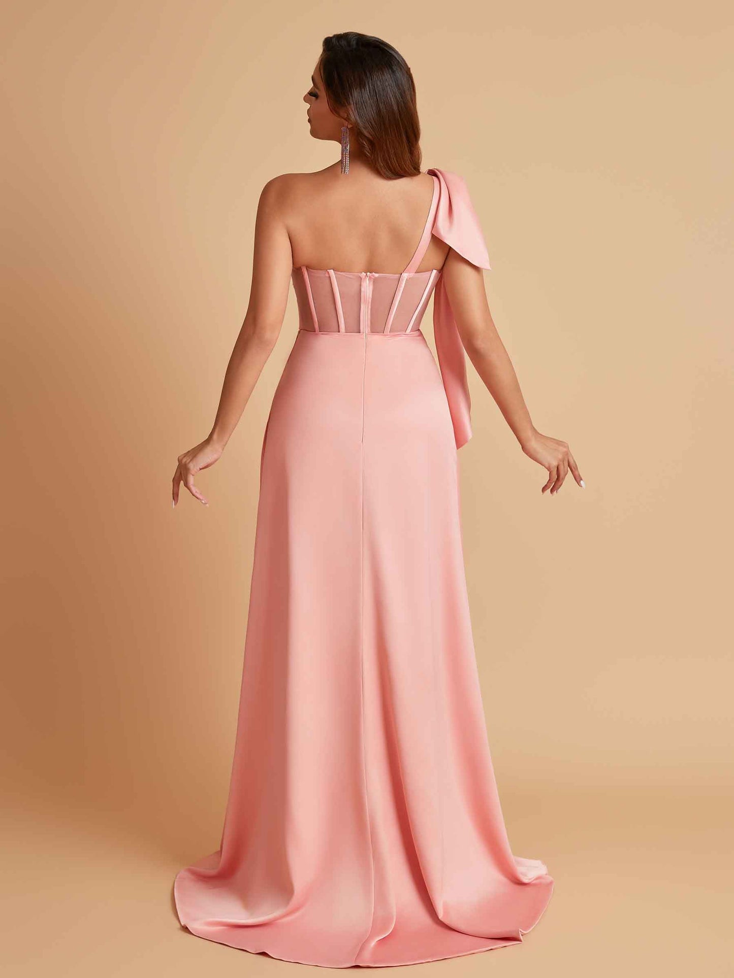 Sexy Soft Satin Mermaid One Shoulder Asymmetrical Side Slit Floor-Length Bridesmaid Dresses