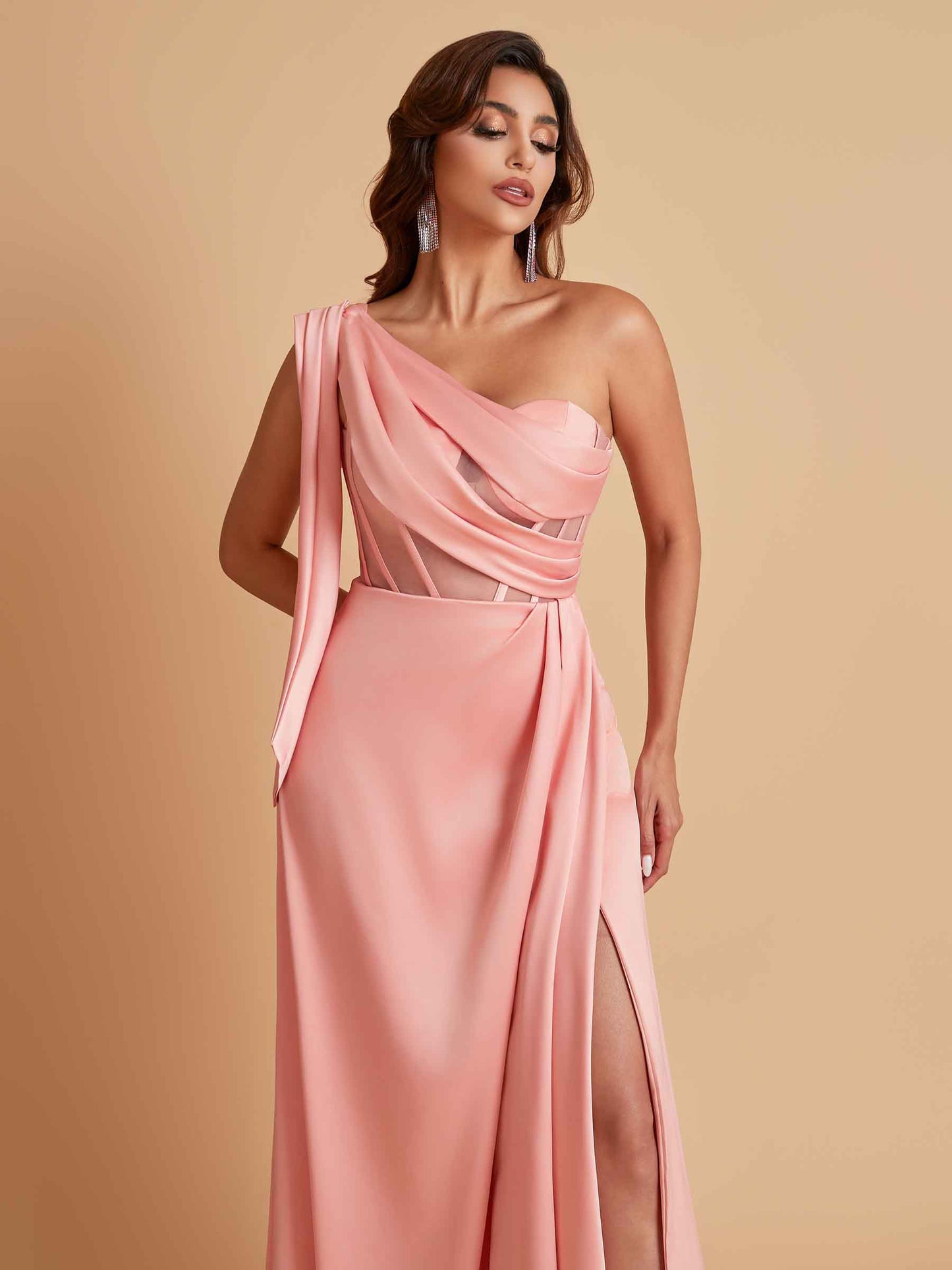 Sexy Soft Satin Mermaid One Shoulder Asymmetrical Side Slit Floor-Length Bridesmaid Dresses