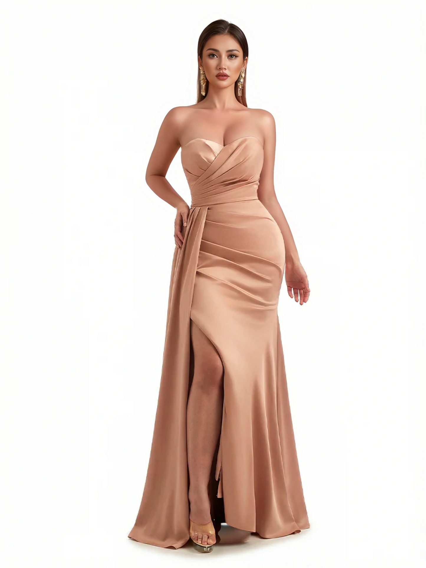 Sexy Sweetheart Ruched Mermaid Soft Satin Unique Long Formal Dresses Side Slit