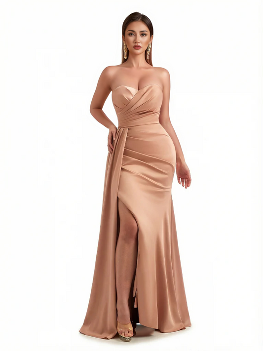 Sexy Sweetheart Ruched Mermaid Soft Satin Unique Long Formal Dresses Side Slit