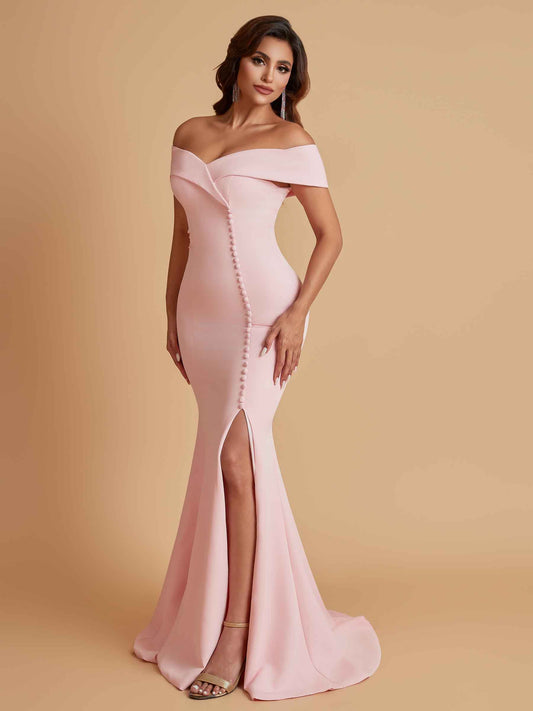 Elegant Soft Satin Mermaid Off Shoulder Side Slit Floor-Length Bridesmaid Dresses