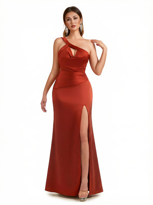 Sexy One Shoulder Mermaid Soft Satin Maix Evening Formal Dresses With Slit
