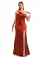Sexy One Shoulder Mermaid Soft Satin Maix Evening Formal Dresses With Slit