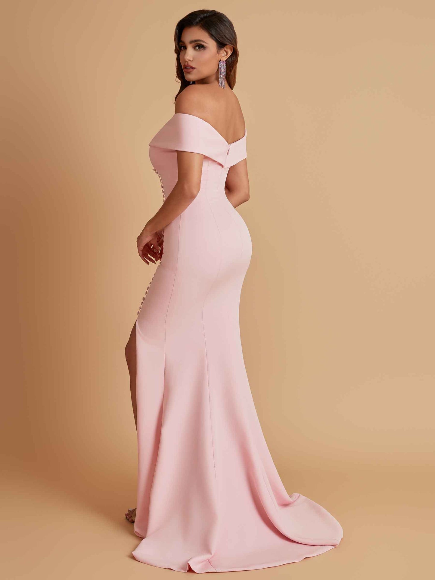 Elegant Soft Satin Mermaid Off Shoulder Side Slit Floor-Length Bridesmaid Dresses