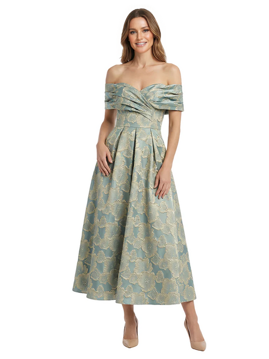 Kiarelys Exquisite Floral Jacquard Off Shoulder A-Line Tea-Length Formal Evening Dresses