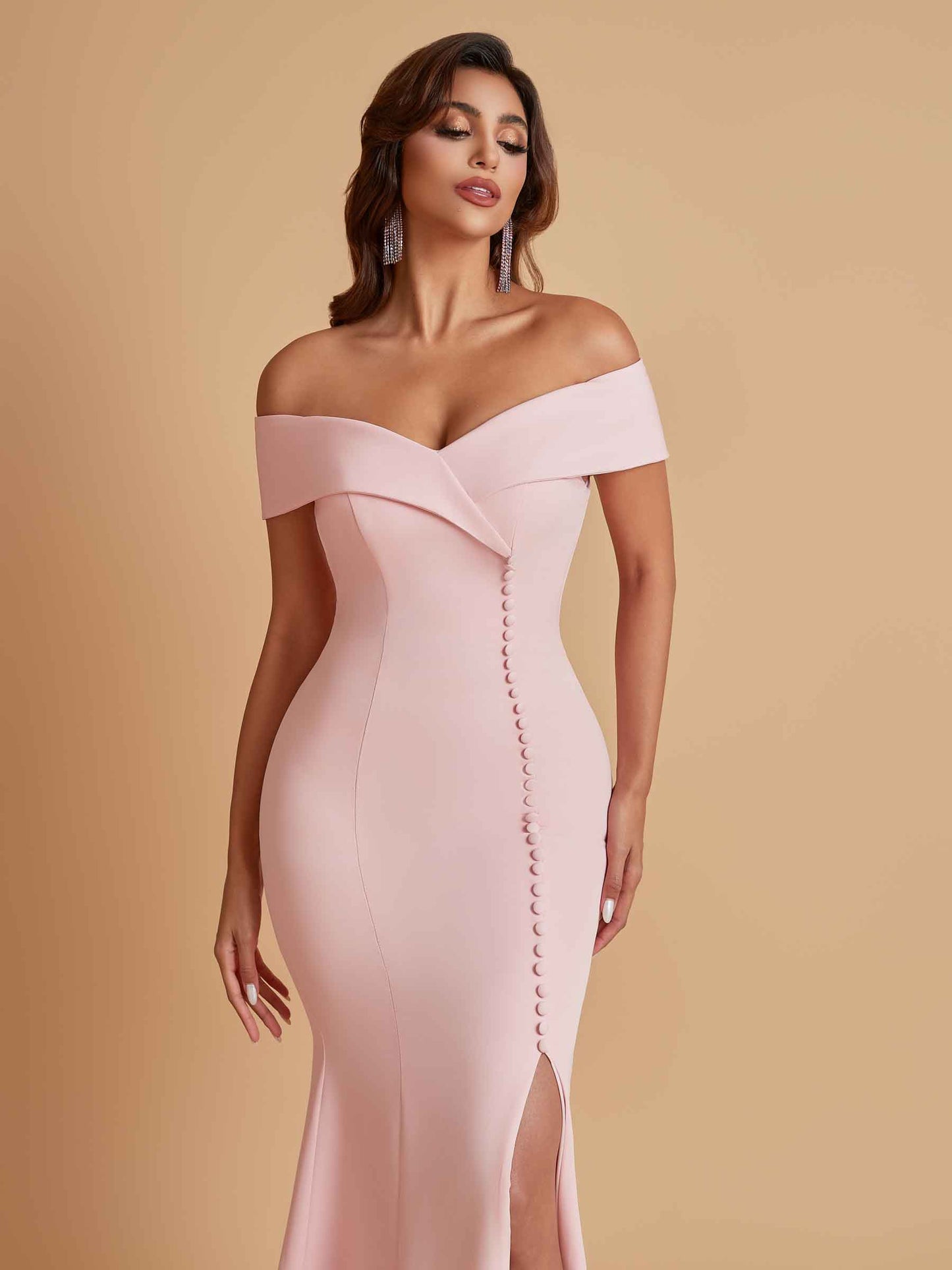 Elegant Soft Satin Mermaid Off Shoulder Side Slit Floor-Length Bridesmaid Dresses