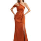 Elegant Asymmetrical One Shoulder Mermaid Ruched Satin Long Formal Dresses Side Slit