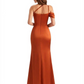 Elegant Asymmetrical One Shoulder Mermaid Ruched Satin Long Formal Dresses Side Slit