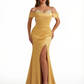 Sexy Cold Shoulder Lace Mermaid V-Neck Soft Satin Floor Length Evening Dresses Side Slit
