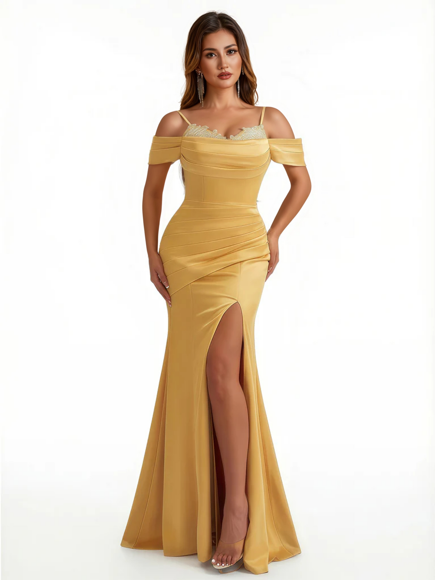 Sexy Cold Shoulder Lace Mermaid V-Neck Soft Satin Floor Length Evening Dresses Side Slit