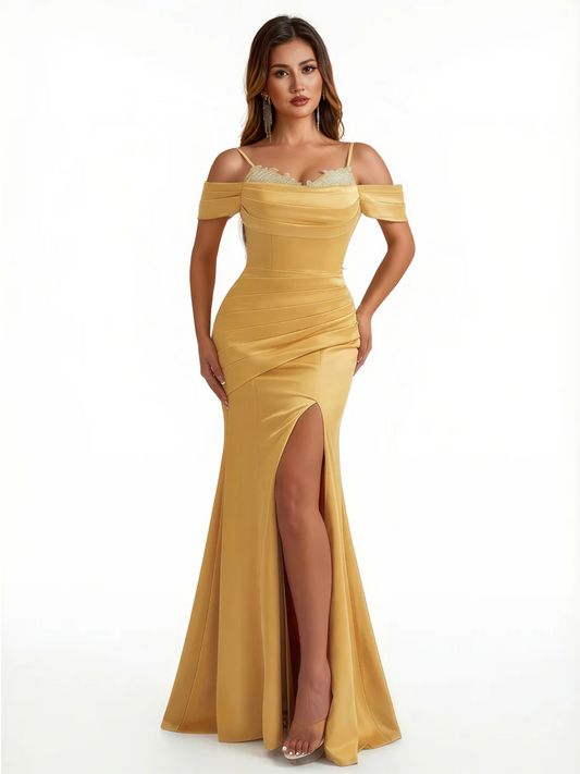 Sexy Cold Shoulder Lace Mermaid V-Neck Soft Satin Floor Length Evening Dresses Side Slit