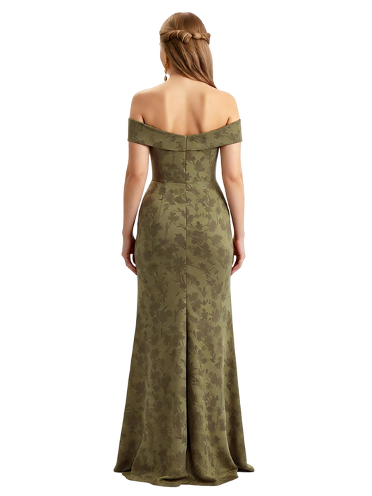 Simple Off Shoulder Side Slit Mermaid Long Satin Floral Formal Evening Dresses For Ladies