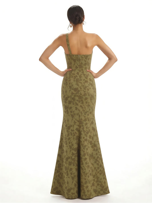 Elegant One Shoulder Side Slit Mermaid Floral Satin Maxi Floral Formal Dresses For Women