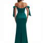 Sexy Off Shoulder Beading Ruched Satin Mermaid Silky Satin Long Formal Dresses Side Slit