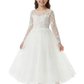 Long Sleeve Illusion Neck Lace Bodice Tulle Floor Length Flower Girl Dress for Wedding