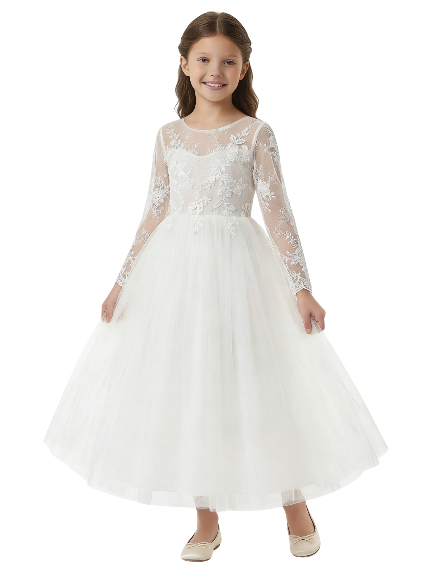 Long Sleeve Illusion Neck Lace Bodice Tulle Floor Length Flower Girl Dress for Wedding