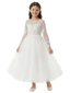 Long Sleeve Illusion Neck Lace Bodice Tulle Floor Length Flower Girl Dress for Wedding