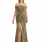 Simple Off Shoulder Side Slit Mermaid Long Satin Floral Formal Evening Dresses For Ladies