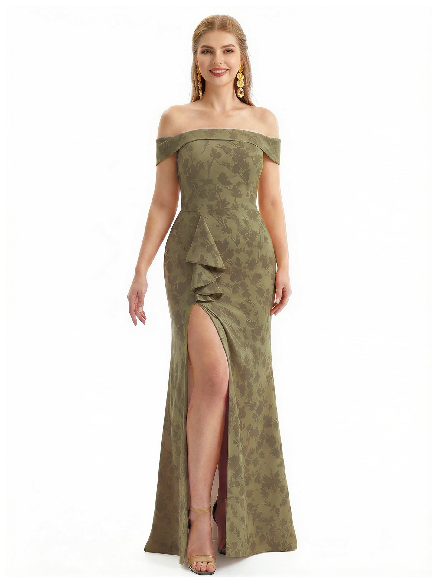 Simple Off Shoulder Side Slit Mermaid Long Satin Floral Formal Evening Dresses For Ladies