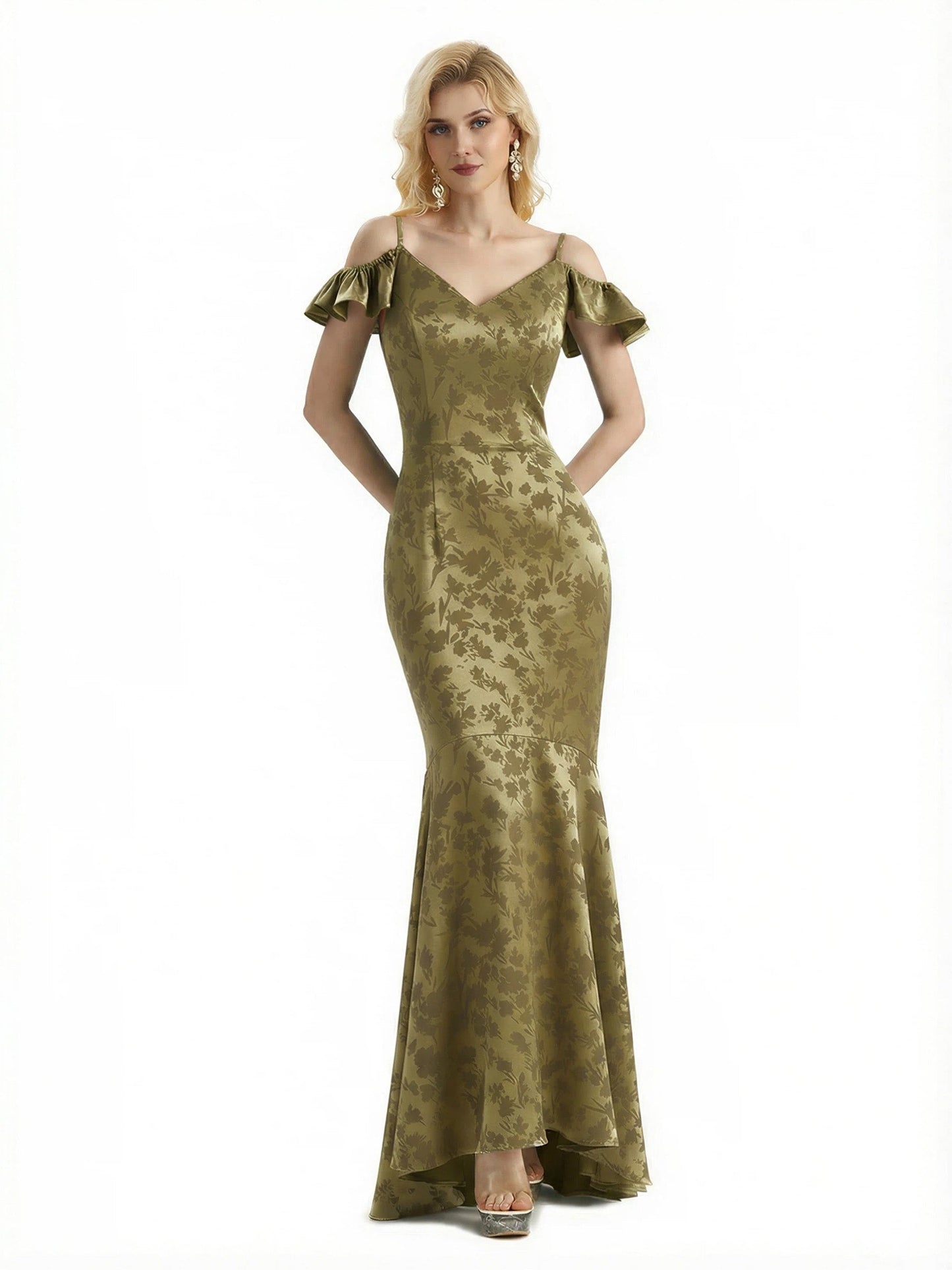 Beautiful Mermaid Cold Shoulder Floral Satin Maxi Floral Formal Dresses For Women