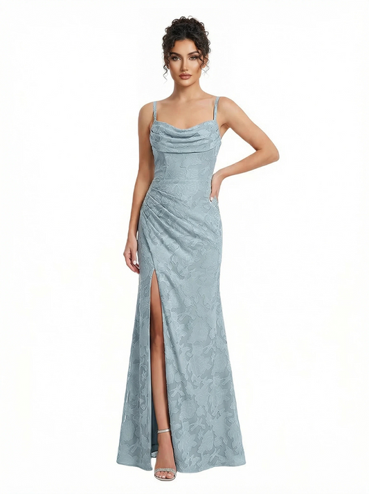 Elegant Cowl Spaghetti Straps Side Slit Floral Burnout Chiffon Mermaid Formal Evening Dresses