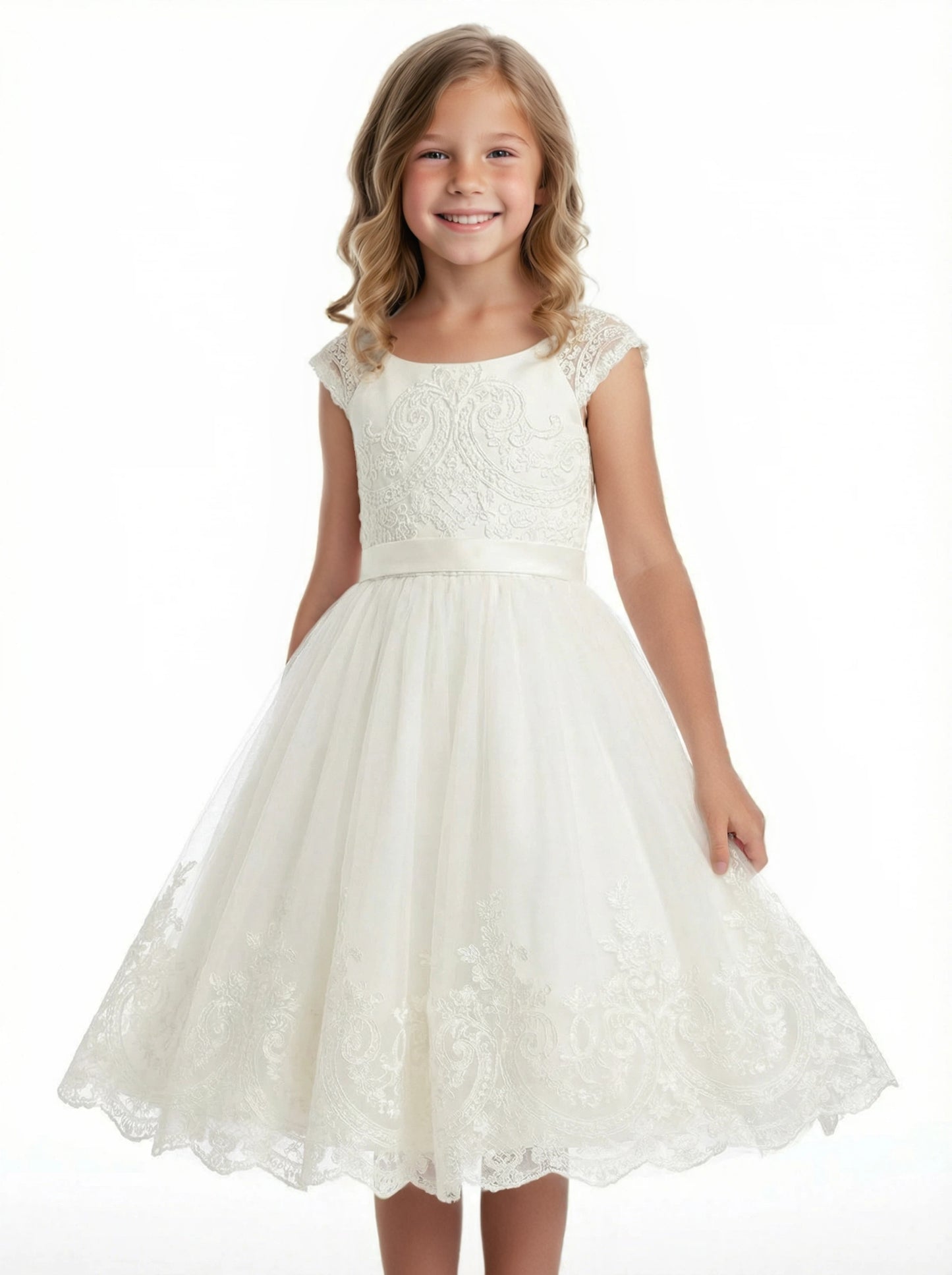Cap Sleeve Flower Girl Dress Embroidered Bodice Tulle A-Line Knee Length Party Gown