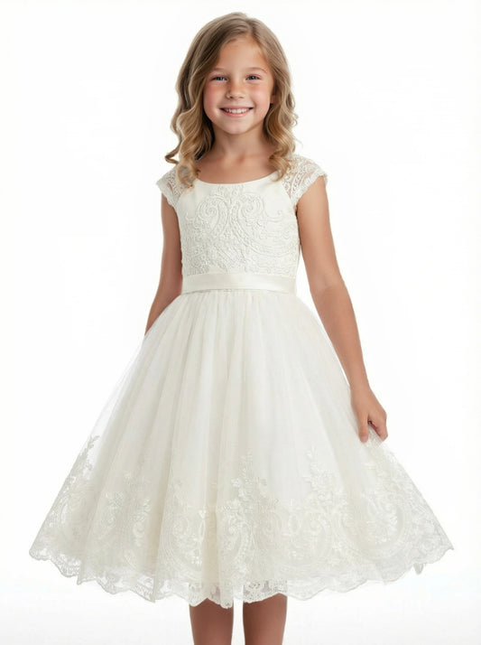 Cap Sleeve Flower Girl Dress Embroidered Bodice Tulle A-Line Knee Length Party Gown