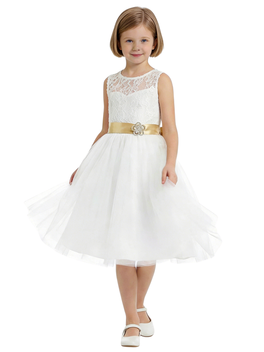Tulle Tea Length Flower Girl Dress with Sleeveless Lace Bodice and A-Line Party Silhouette