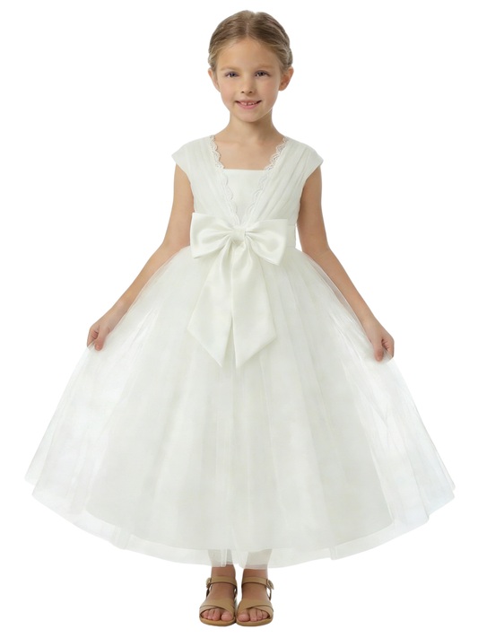 Flower Girl Dress with V Neck Sleeveless A Line Tulle Skirt Bow Detail Elegant Wedding Gown