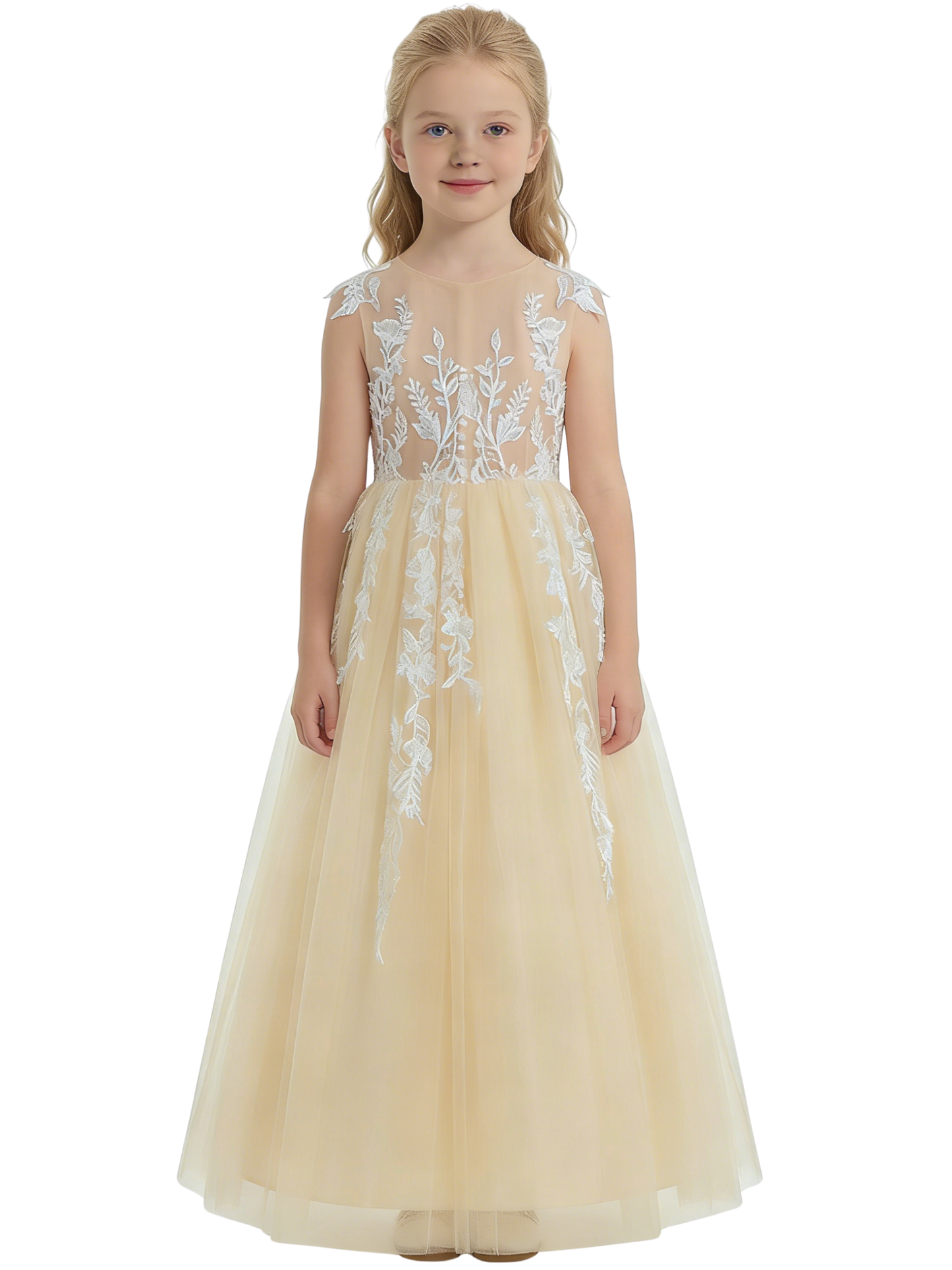 Lace Applique Flower Girl Dress, Spaghetti-Straps Sleeveless A-Line, Elegant Tulle Skirt