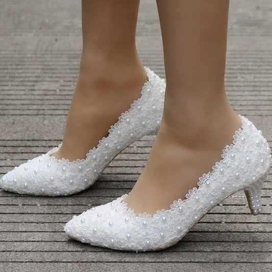 Large size 5cm lace high heels stiletto medium heel wedding shoes work pointed toe bridesmaid shoes annual party photo shoes