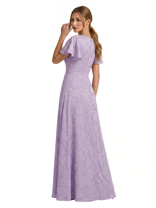 Elegant Flutter Sleeves Scoop Floral Burnout Chiffon A-Line Long Formal Evening Dresses