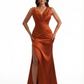 Ladies Mermaid V-Neck Ruched Silky Satin Formal Floor Length Evening Dresses Side Slit