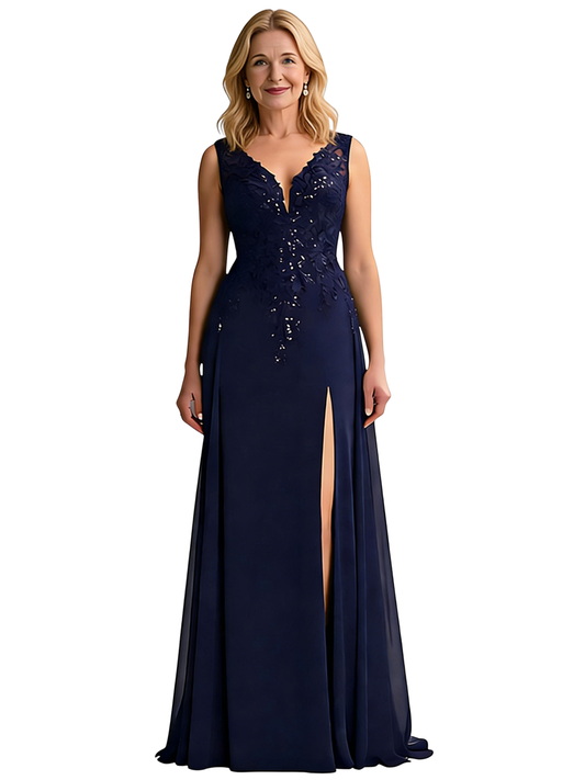 Sexy V-Neck Mother of The Bride Groom Dresses Lace Wedding Formal Gown Sleeveless