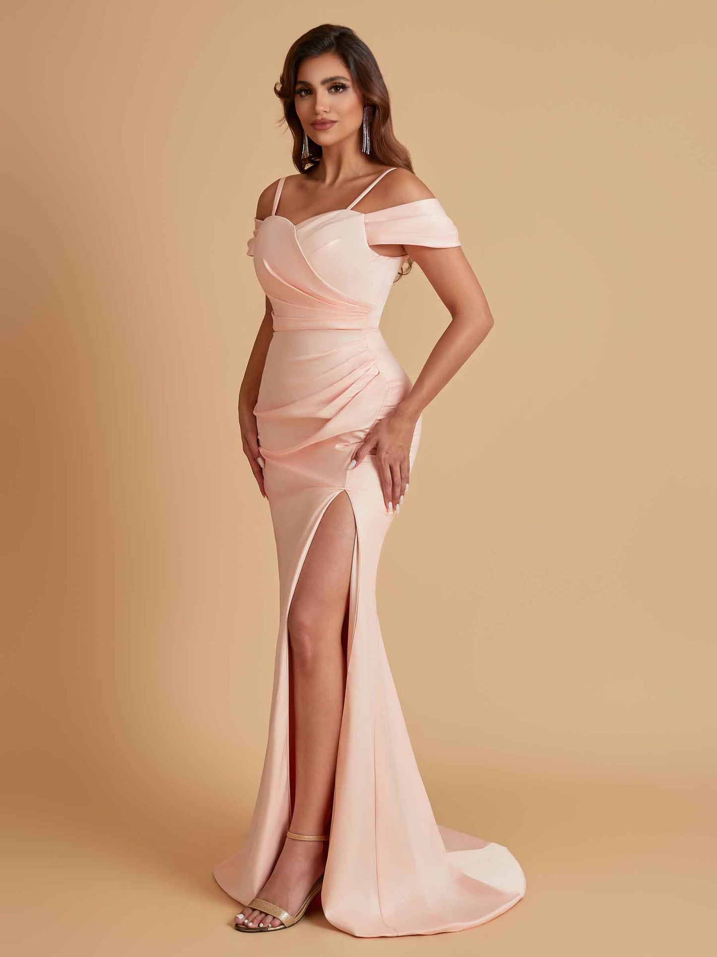 Sexy Soft Satin Mermaid Cold Shoulder Side Slit Floor-Length Bridesmaid Dresses Online