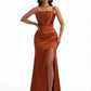 Elegant Mermaid Ruched Satin Long Formal Evening Dresses For Women Spaghetti Straps Side Slit