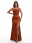 Elegant Mermaid Ruched Satin Long Formal Evening Dresses For Women Spaghetti Straps Side Slit