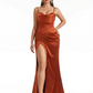 Elegant Spaghetti Straps Boning Side Slit Mermaid Soft Satin Long Black Tie Gowns