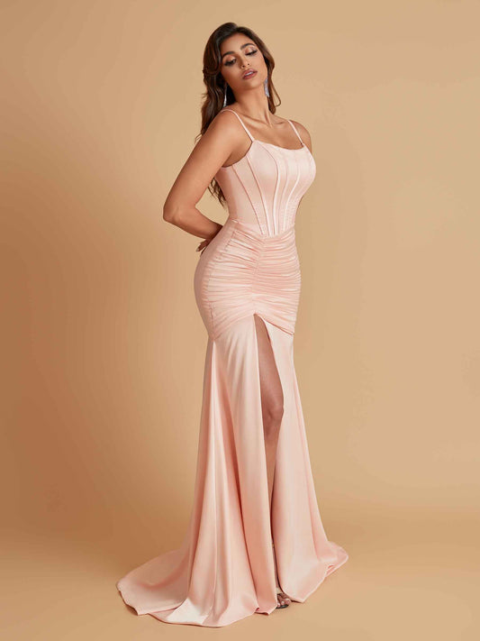 Sexy Soft Satin Mermaid Spaghetti Straps Side Slit Floor-Length Bridesmaid Dresses