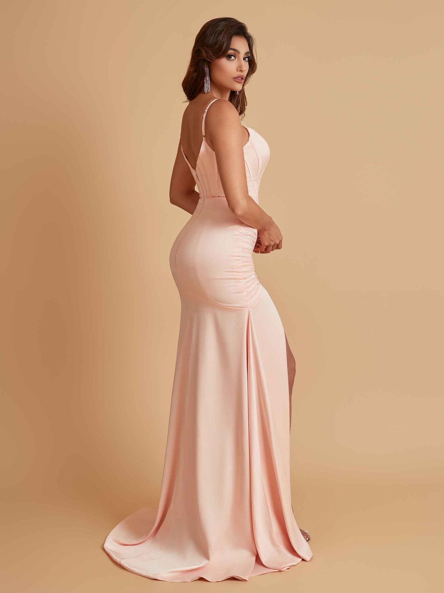 Sexy Soft Satin Mermaid Spaghetti Straps Side Slit Floor-Length Bridesmaid Dresses