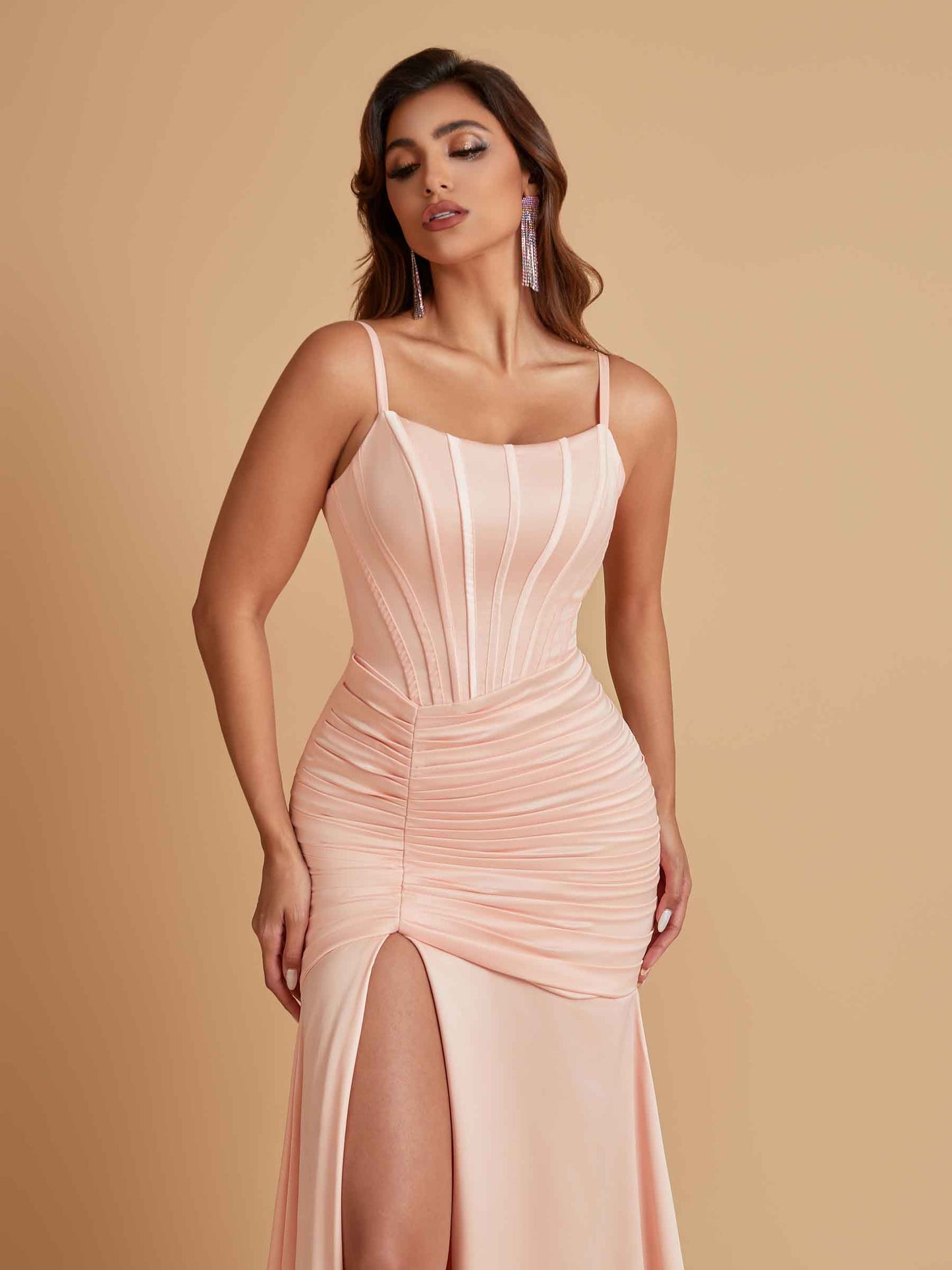 Sexy Soft Satin Mermaid Spaghetti Straps Side Slit Floor-Length Bridesmaid Dresses