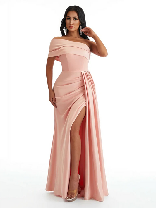 Elegant One Shoulder Side Slit Mermaid Soft Satin Maxi Formal Dresses For Women