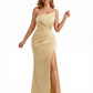 Women's Sexy One Shoulder Ruched Mermaid Silky Satin Long Formal Dresses Slit