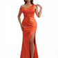 Sexy Asymmetrical Neck Soft Satin Mermaid Long Evening Formal Dresses For Women Side Slit