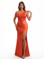 Sexy Asymmetrical Neck Soft Satin Mermaid Long Evening Formal Dresses For Women Side Slit