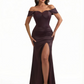 Elegant Off The Shoulder Mermaid Boning Soft Satin Floor Length Formal Dresses With Slit