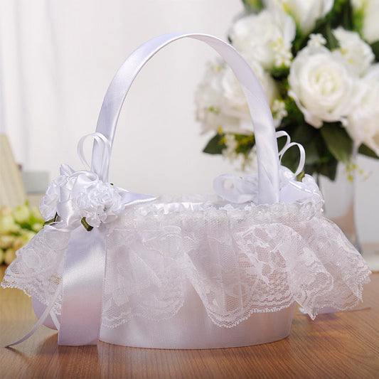 White Lace Flower Basket Creative Handmade Lace Wedding Flower Basket