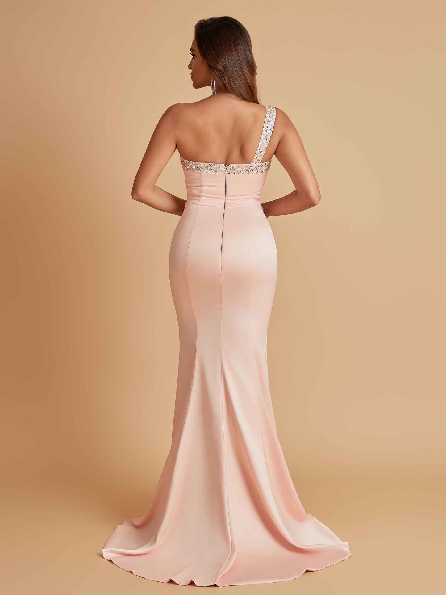 Sexy Soft Satin Mermaid One Shoulder Side Slit Beading Floor-Length Bridesmaid Dresses Online