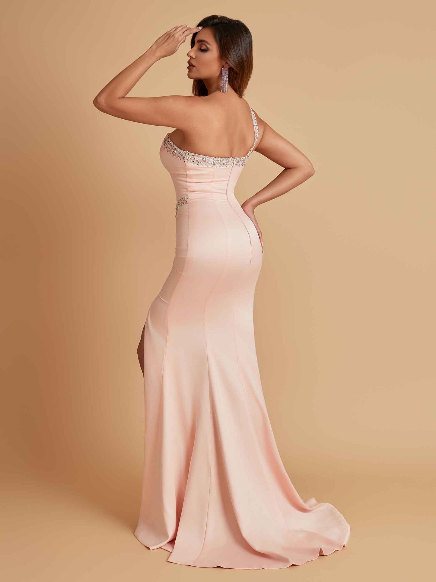 Sexy Soft Satin Mermaid One Shoulder Side Slit Beading Floor-Length Bridesmaid Dresses Online